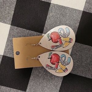 Handmade 3 1/4" wooden double sided teacher, love dangle earrings New